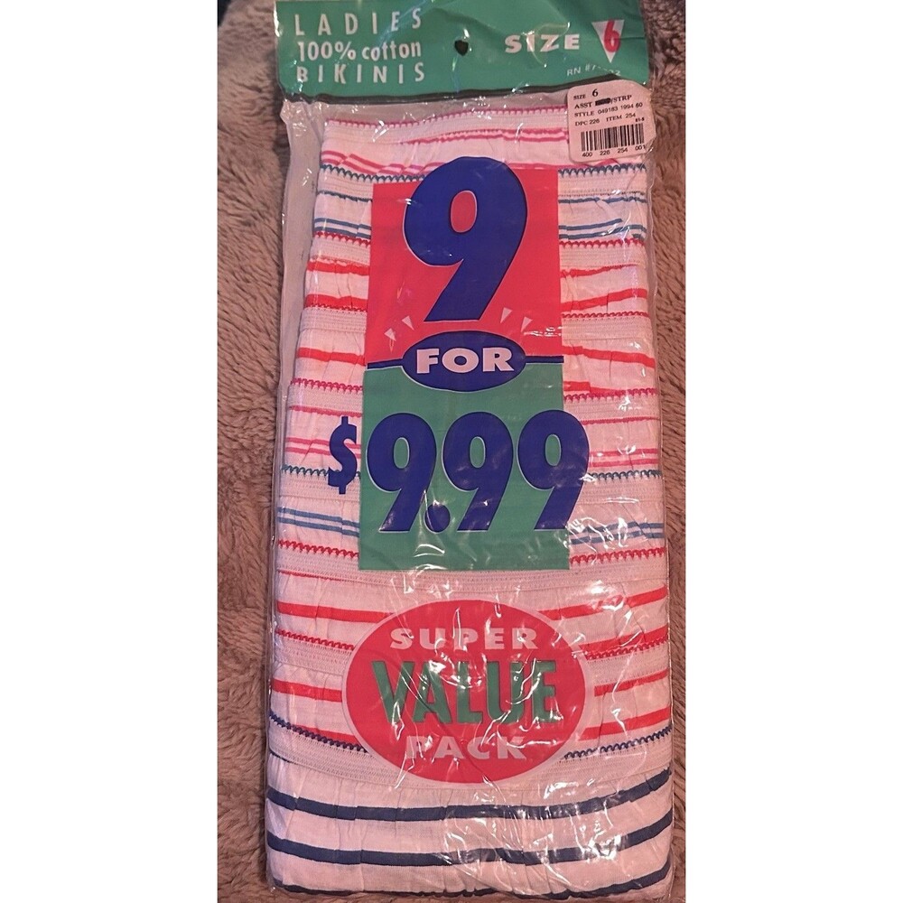 Vintage Unbranded Ladies 100% Cotton Bikinis Panties 9-Pack Sealed Size 6